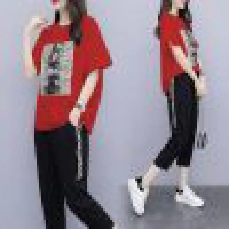Women Red Graphic Track Suit Summer Set - Image 3