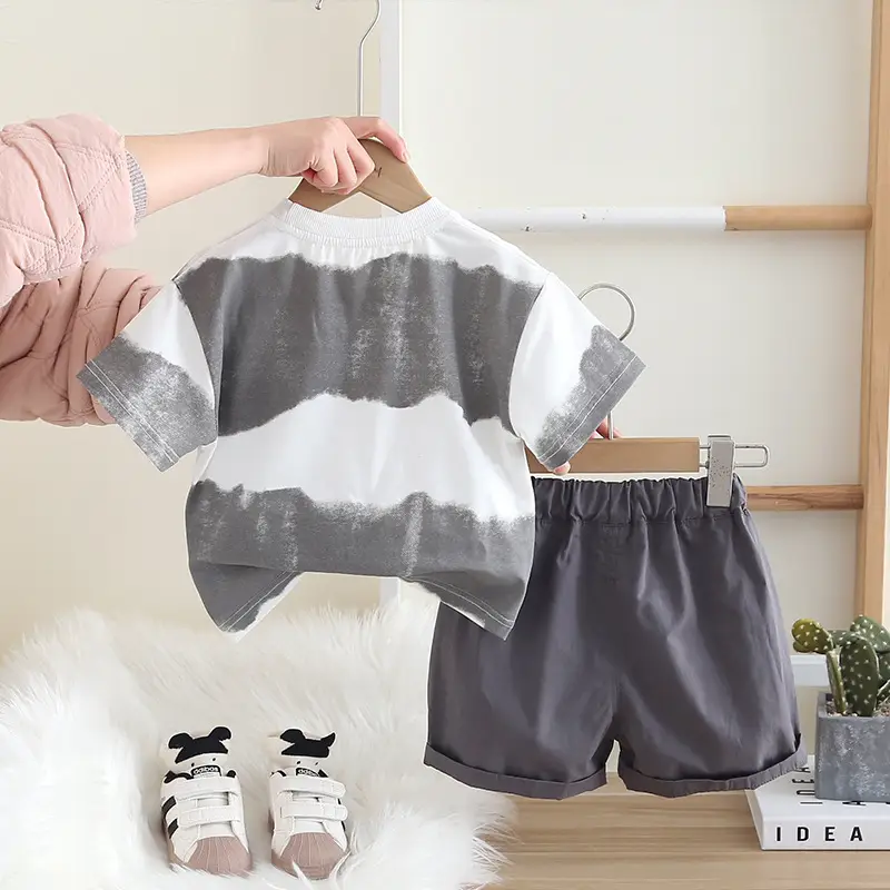 2025 Boys Striped Cotton Shorts Set Grey White - Image 5
