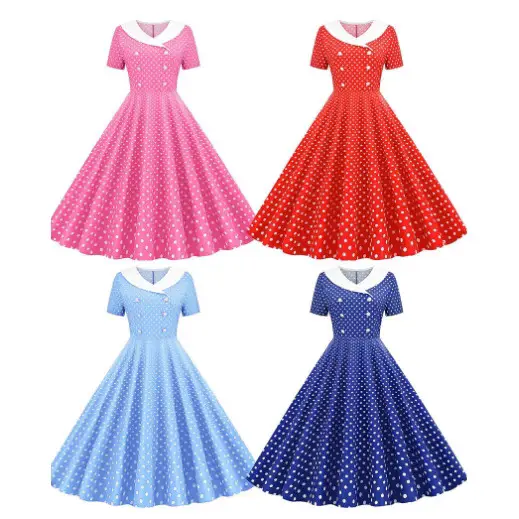 Red Polka Dot Lapel Full Swing Dress for Women - Image 5