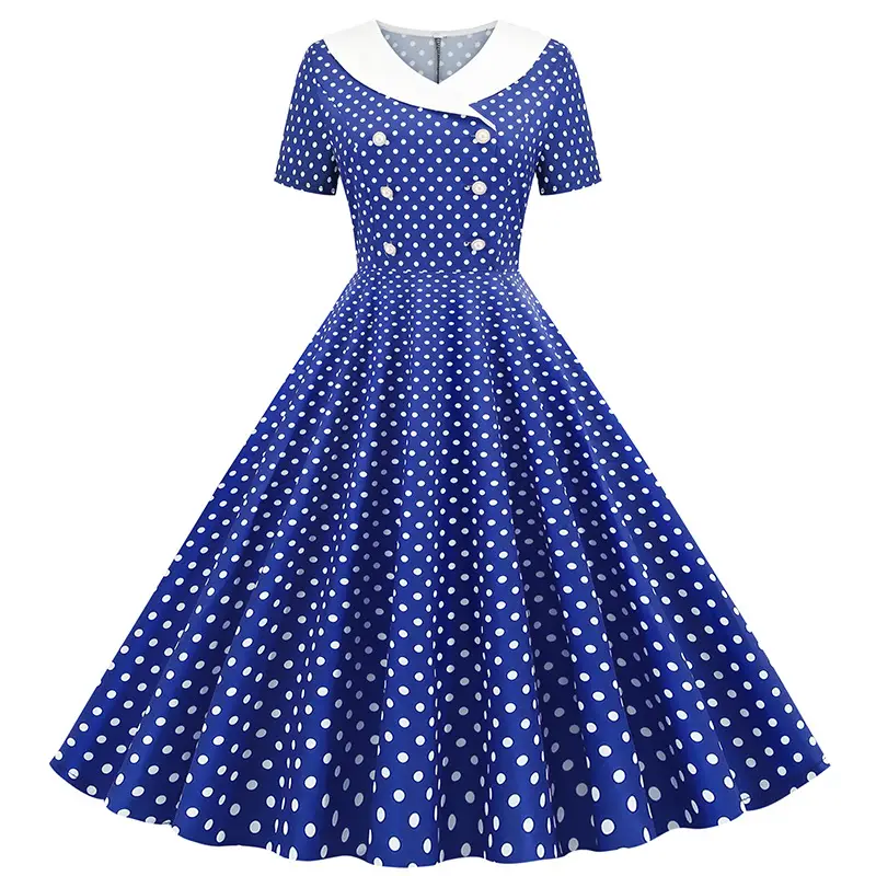 Red Polka Dot Lapel Full Swing Dress for Women - Image 6