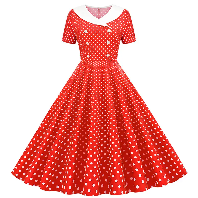 Red Polka Dot Lapel Full Swing Dress for Women - Image 7