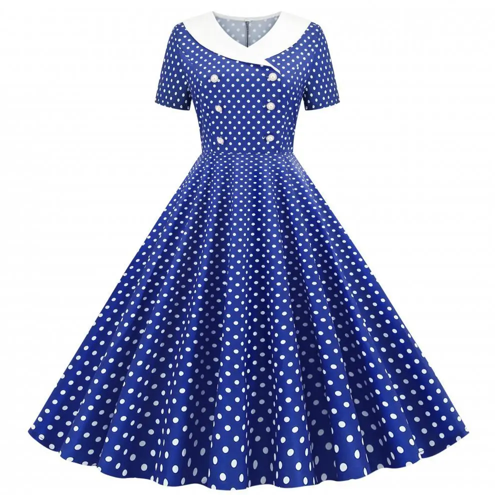 Red Polka Dot Lapel Full Swing Dress for Women — feature 14