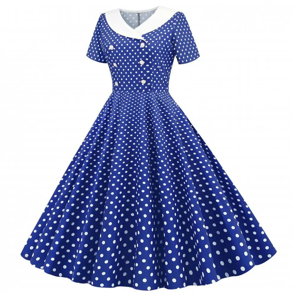 Red Polka Dot Lapel Full Swing Dress for Women — feature 15