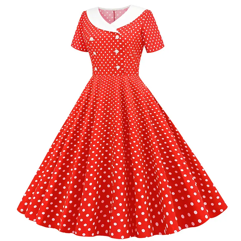 Red Polka Dot Lapel Full Swing Dress for Women — feature 25