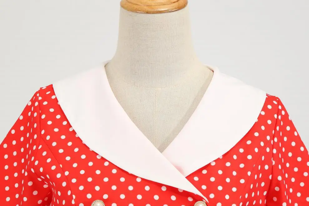 Red Polka Dot Lapel Full Swing Dress for Women — feature 28