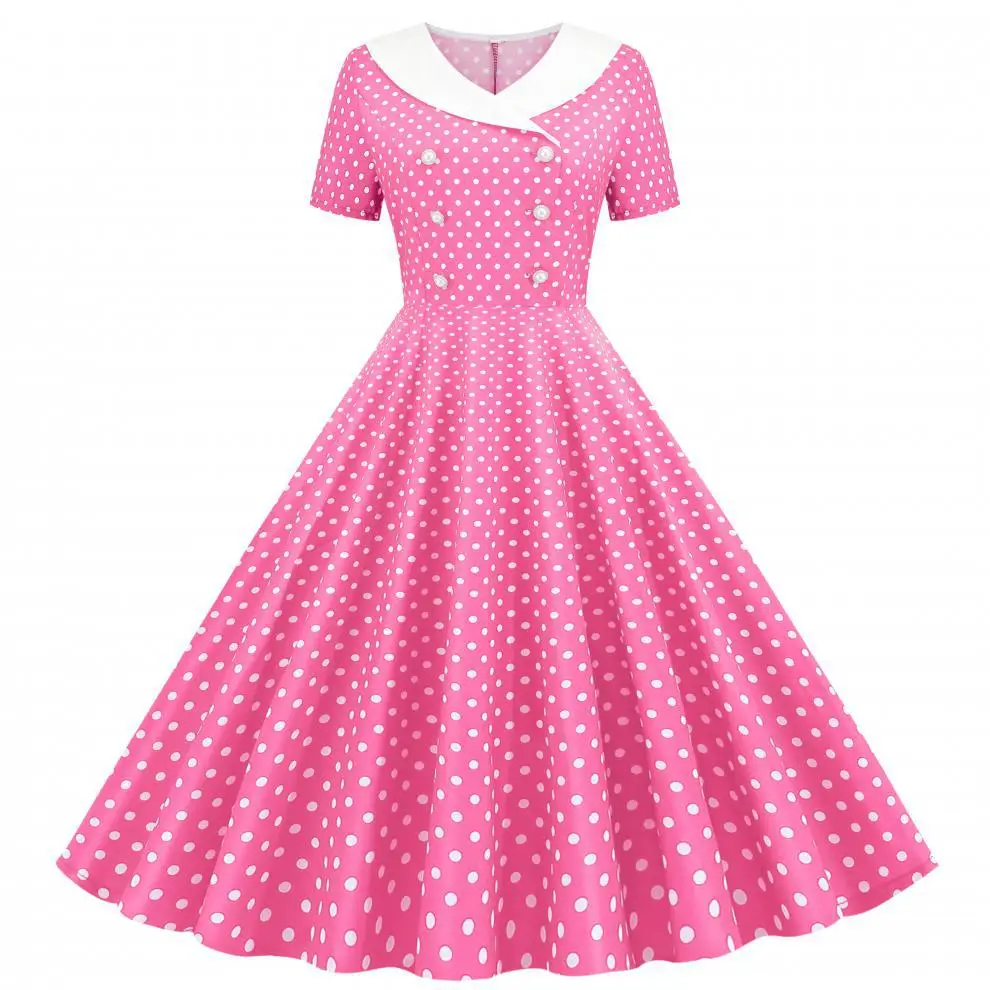 Red Polka Dot Lapel Full Swing Dress for Women — feature 3