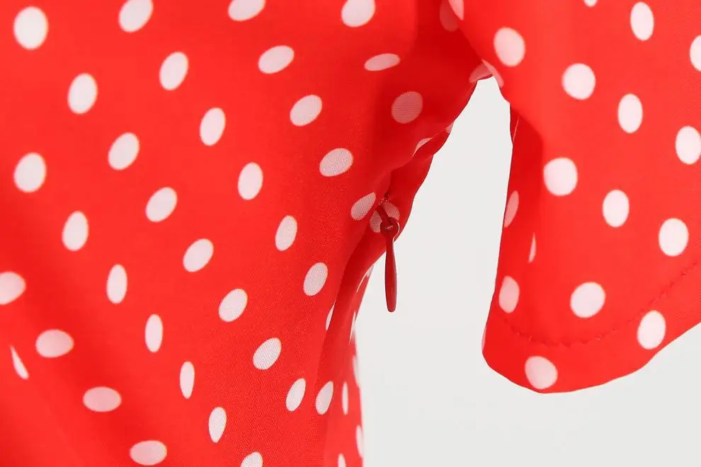 Red Polka Dot Lapel Full Swing Dress for Women — feature 30