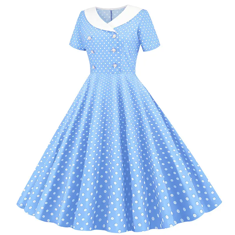 Red Polka Dot Lapel Full Swing Dress for Women — feature 34