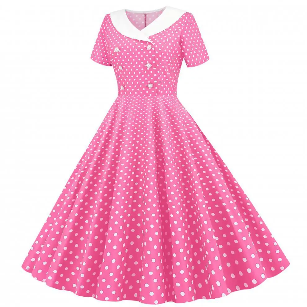 Red Polka Dot Lapel Full Swing Dress for Women — feature 4