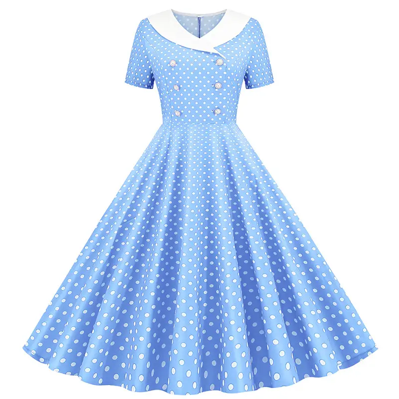 Red Polka Dot Lapel Full Swing Dress for Women - Image 2