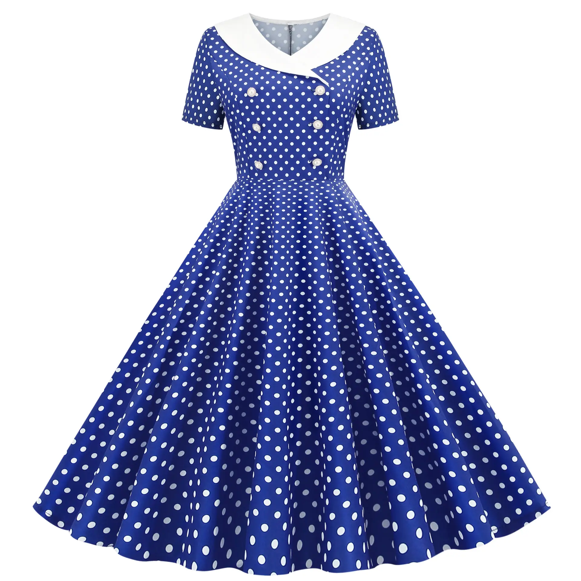 Red Polka Dot Lapel Full Swing Dress for Women - Image 3