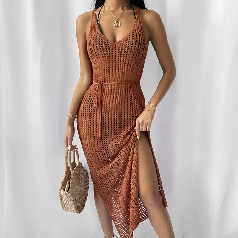 Beachy Knitted Long Sleeve Dress Women Solid Gold - Image 8