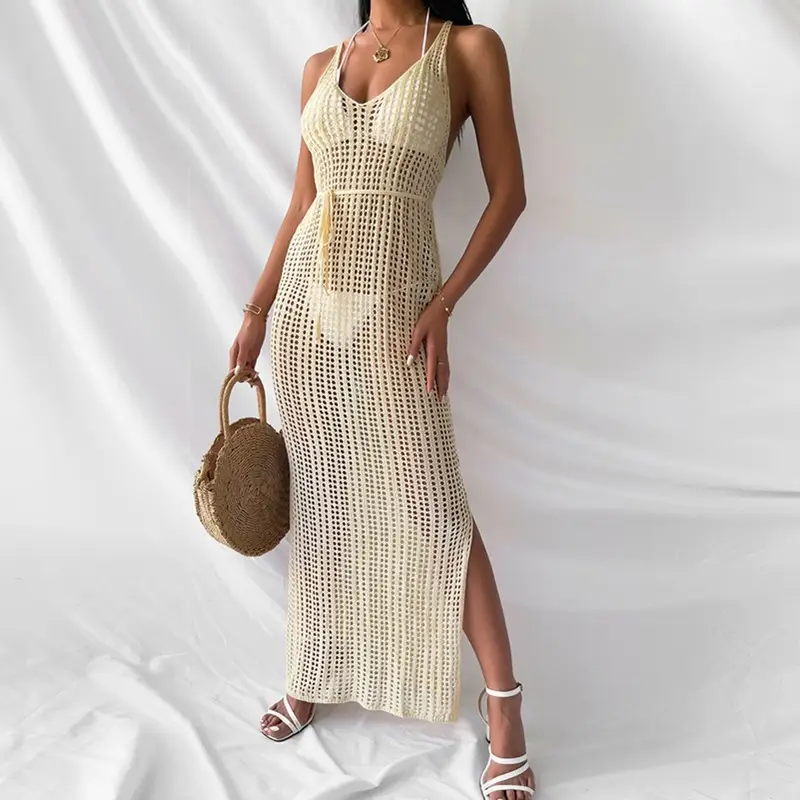 Beachy Knitted Long Sleeve Dress Women Solid Gold - Image 9