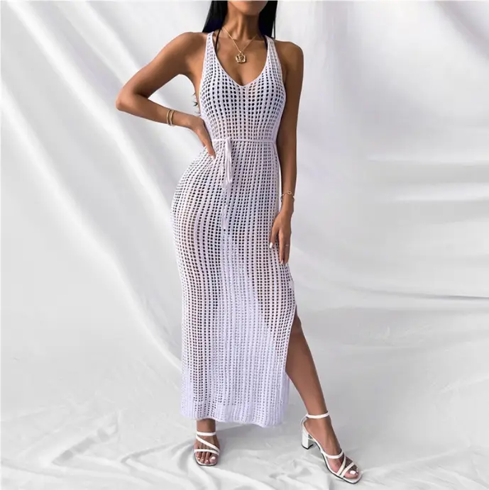 Beachy Knitted Long Sleeve Dress Women Solid Gold - Image 5