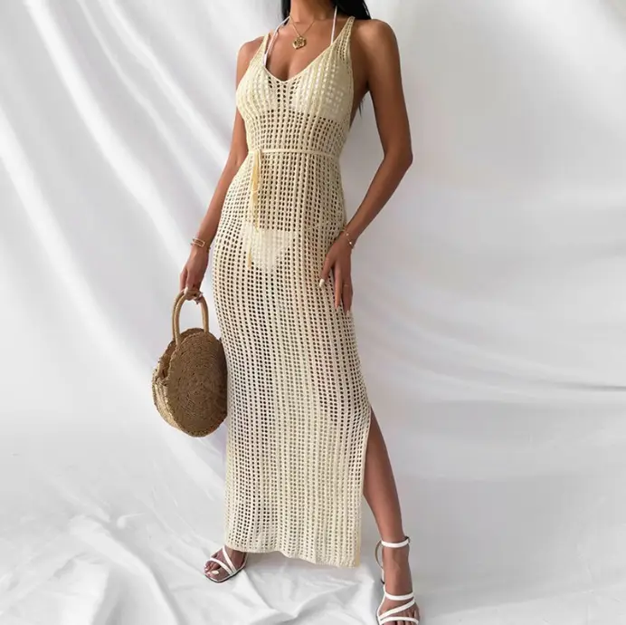 Beachy Knitted Long Sleeve Dress Women Solid Gold - Image 6