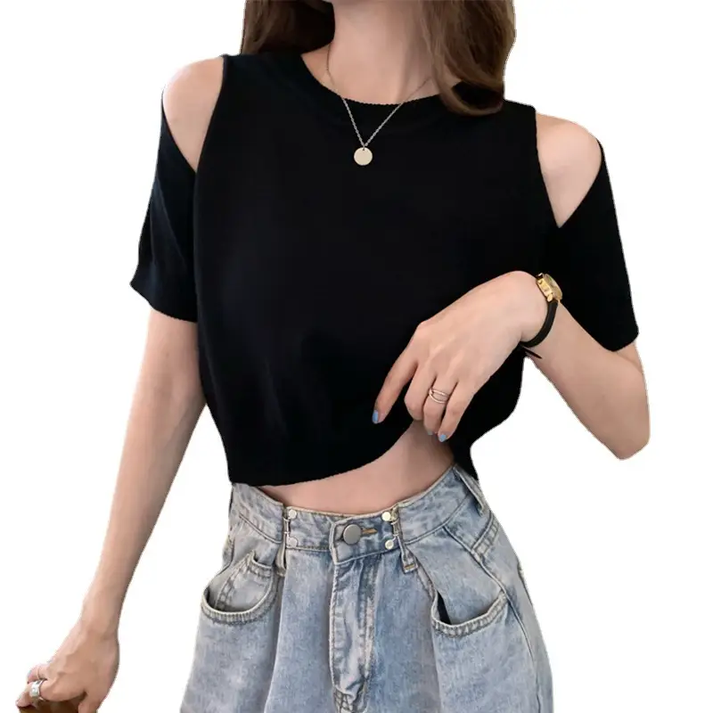 Black Cold Shoulder Knit Top Short Sleeve Women - Image 6