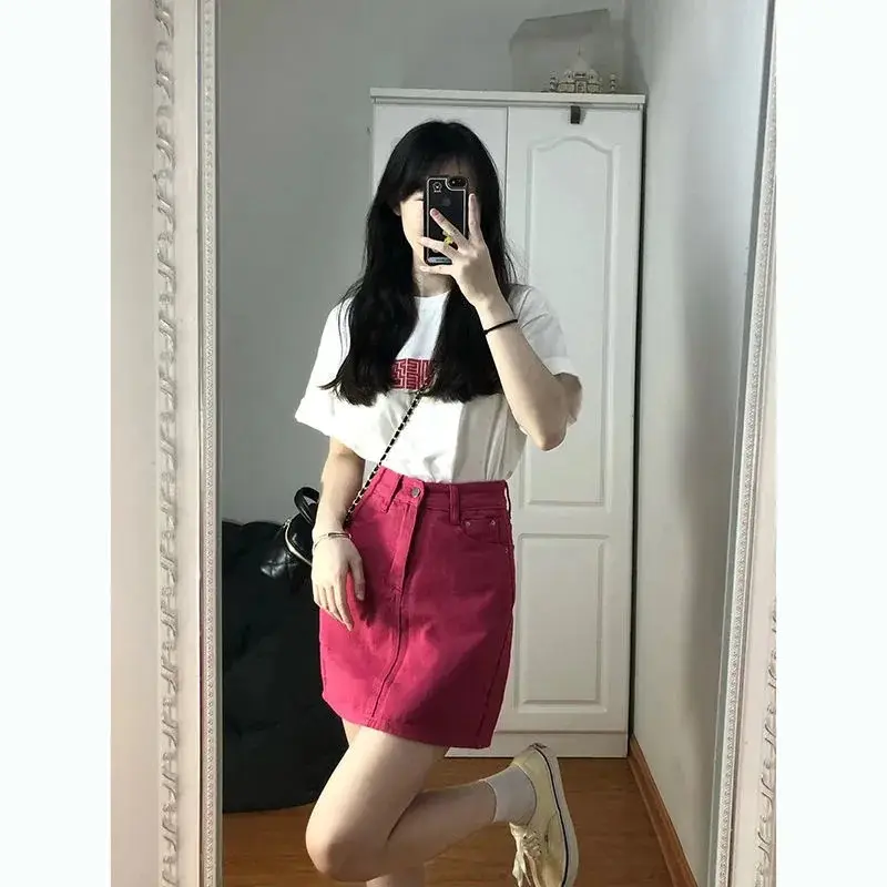 Rose Red Denim Shorts Women High Waist Slimming - Image 5