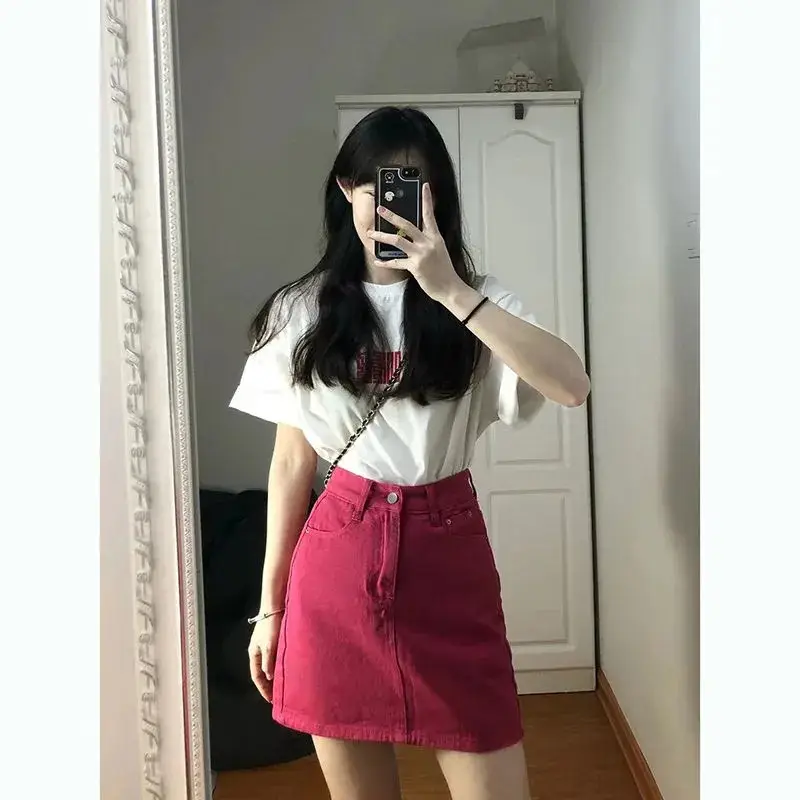 Rose Red Denim Shorts Women High Waist Slimming — feature 2