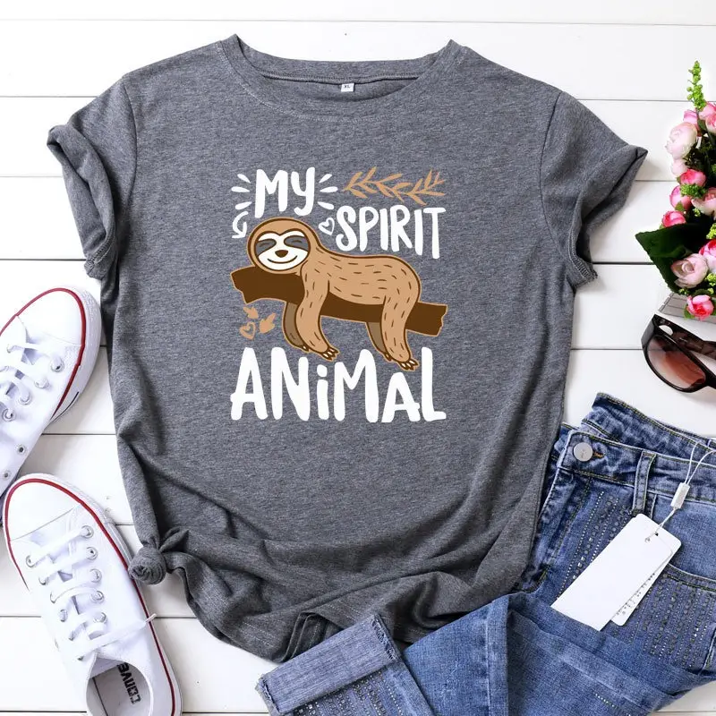 Women's Pink Sloth Animal Print T-Shirt Short Sleeve Round Neck - Image 5