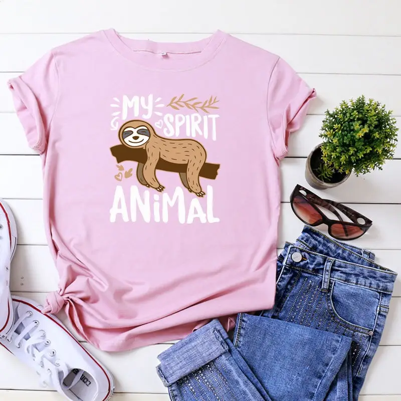 Women's Pink Sloth Animal Print T-Shirt Short Sleeve Round Neck - Image 3