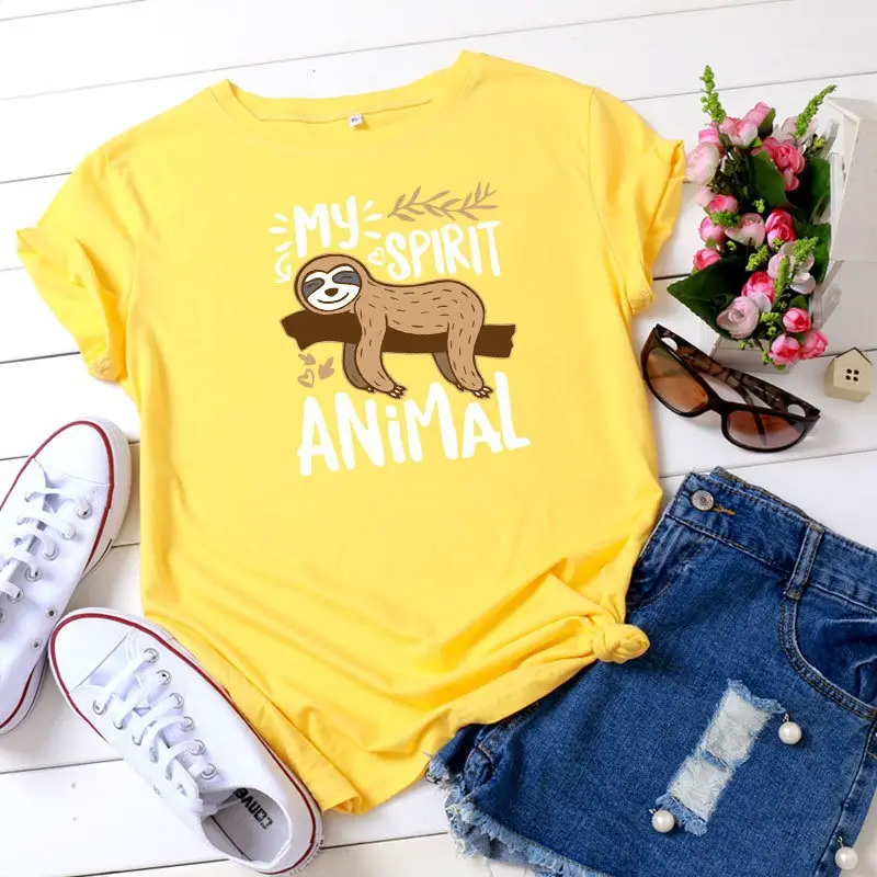 Women's Pink Sloth Animal Print T-Shirt Short Sleeve Round Neck - Image 4