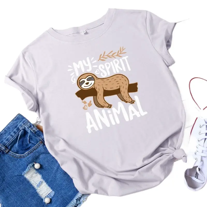 Women's Pink Sloth Animal Print T-Shirt Short Sleeve Round Neck - Image 6