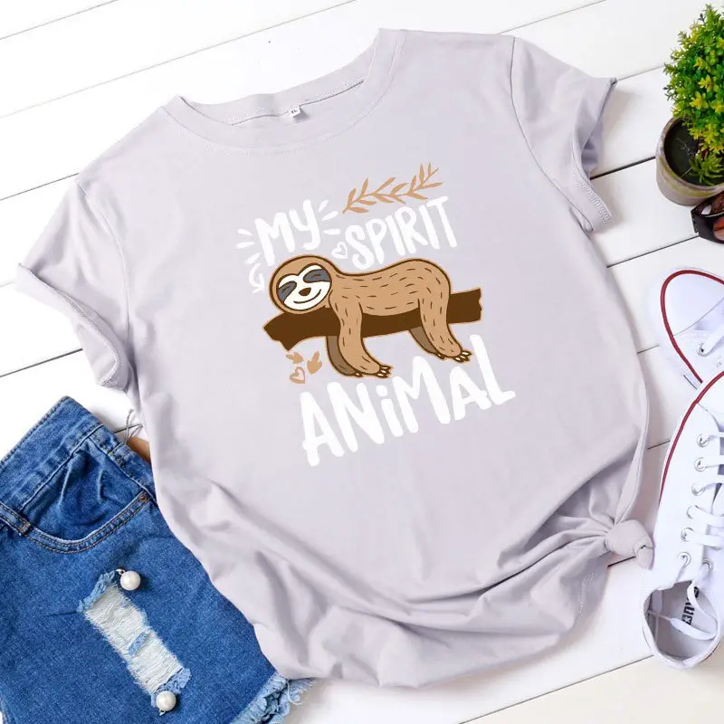 Women's Pink Sloth Animal Print T-Shirt Short Sleeve Round Neck - Image 2