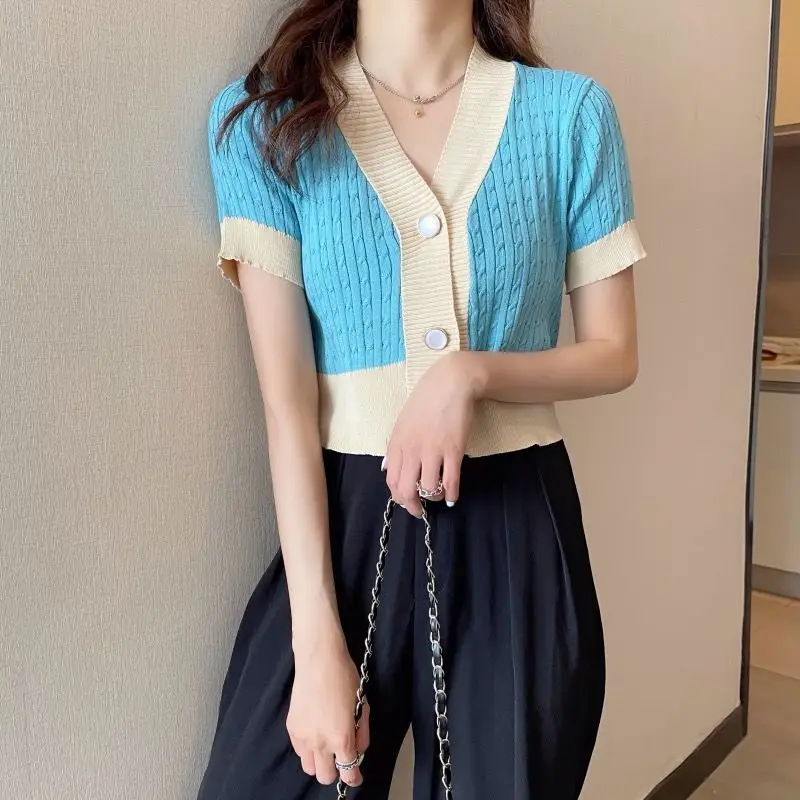 Women's Knitted V-Neck Cardigan Short Sleeve Purple White