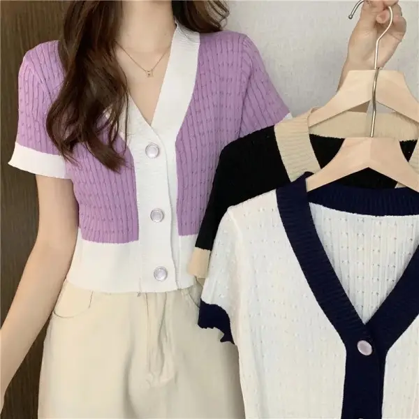 Women's Knitted V-Neck Cardigan Short Sleeve Purple White