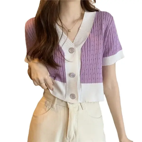 Women's Knitted V-Neck Cardigan Short Sleeve Purple White