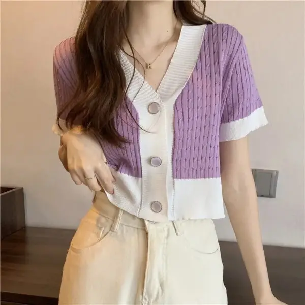 Women's Knitted V-Neck Cardigan Short Sleeve Purple White