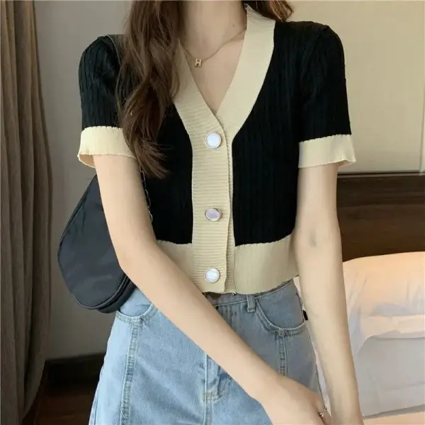 Women's Knitted V-Neck Cardigan Short Sleeve Purple White