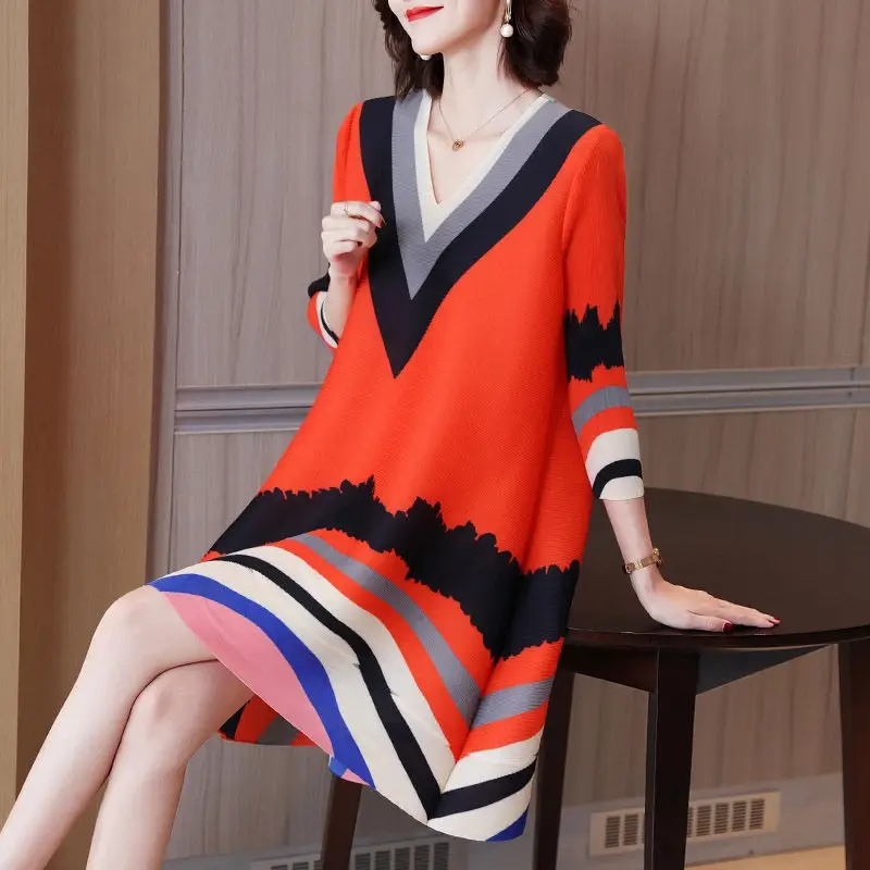 Women's Orange Striped V-Neck Midi Dress Plus Size - Image 5