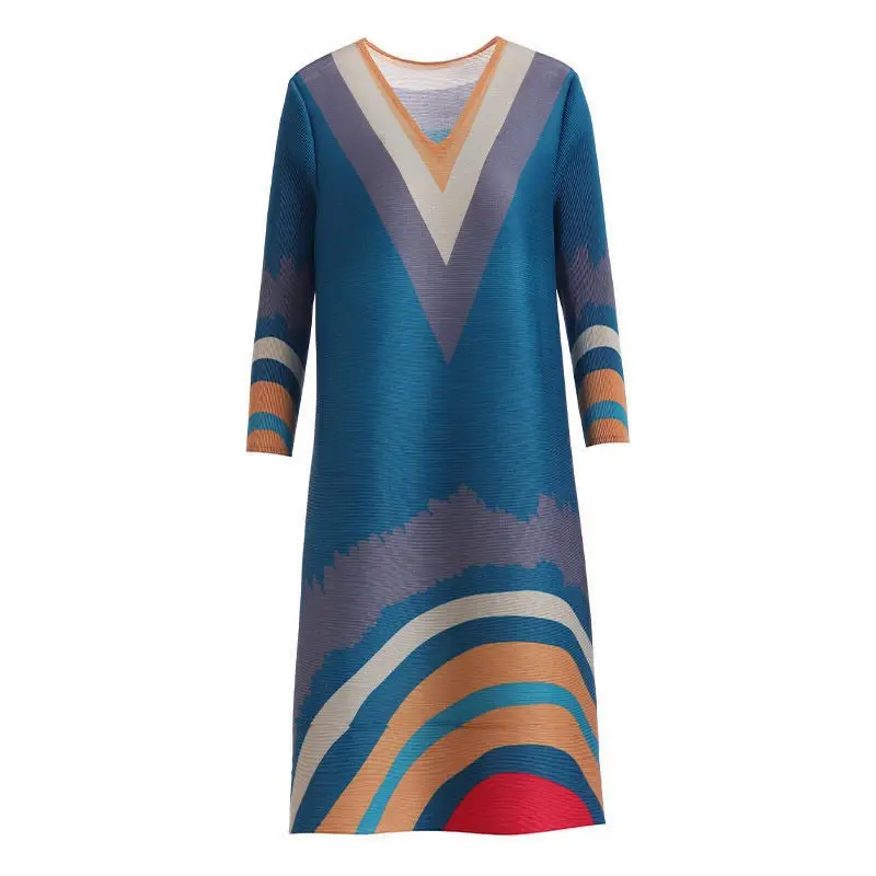 Women's Orange Striped V-Neck Midi Dress Plus Size - Image 6