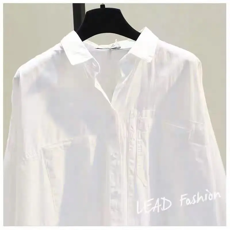 Women Pure Cotton Single-Breasted Lapel Shirt White Mid-Length Loose Long Sleeve - Image 2