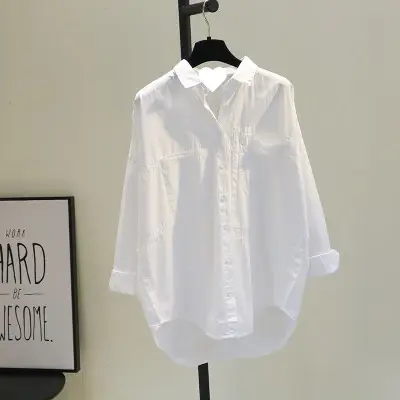 Women Pure Cotton Single-Breasted Lapel Shirt White Mid-Length Loose Long Sleeve - Image 4