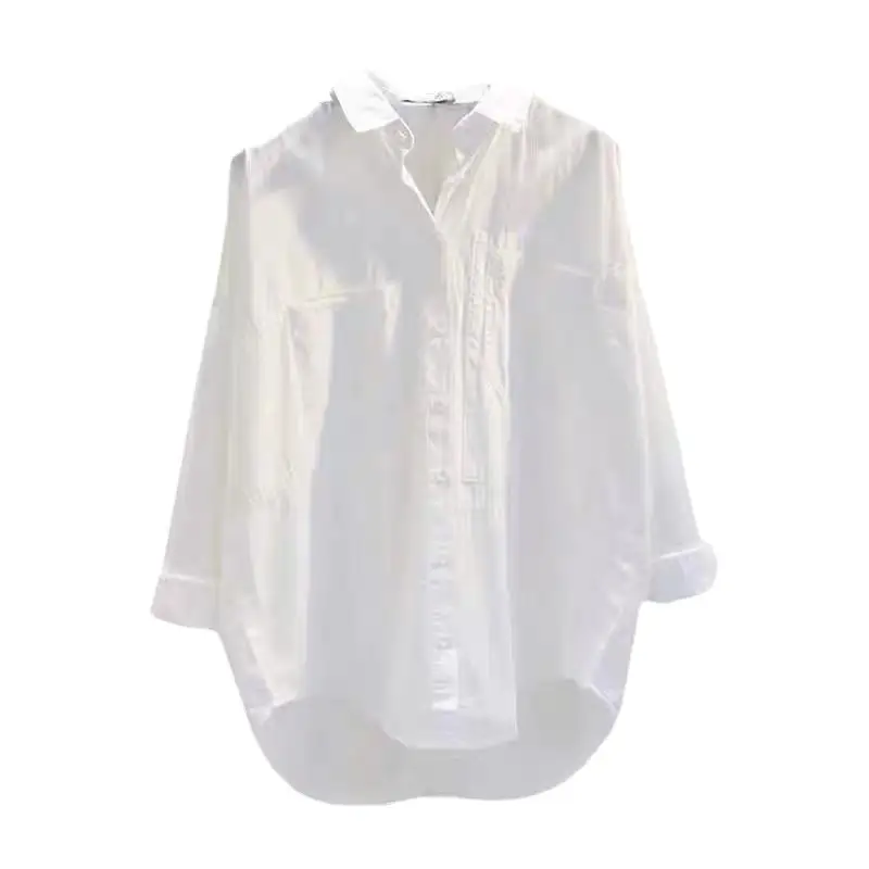 Women Pure Cotton Single-Breasted Lapel Shirt White Mid-Length Loose Long Sleeve - Image 5