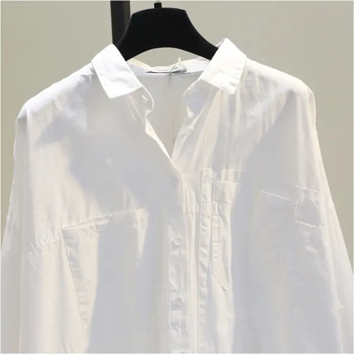 Women Pure Cotton Single-Breasted Lapel Shirt White Mid-Length Loose Long Sleeve — feature 2