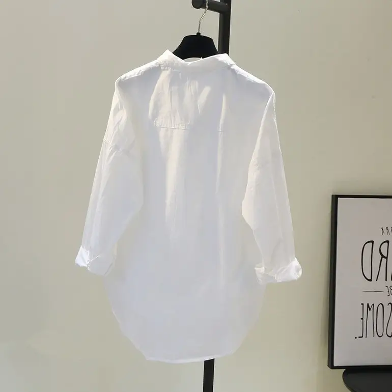 Women Pure Cotton Single-Breasted Lapel Shirt White Mid-Length Loose Long Sleeve — feature 3