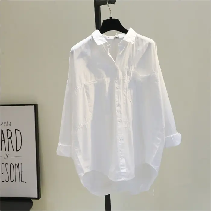Women Pure Cotton Single-Breasted Lapel Shirt White Mid-Length Loose Long Sleeve — feature 4