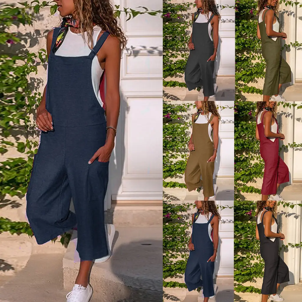 Women Cotton Linen Wide Leg Jumpsuit Suspenders Overalls Set - Image 7