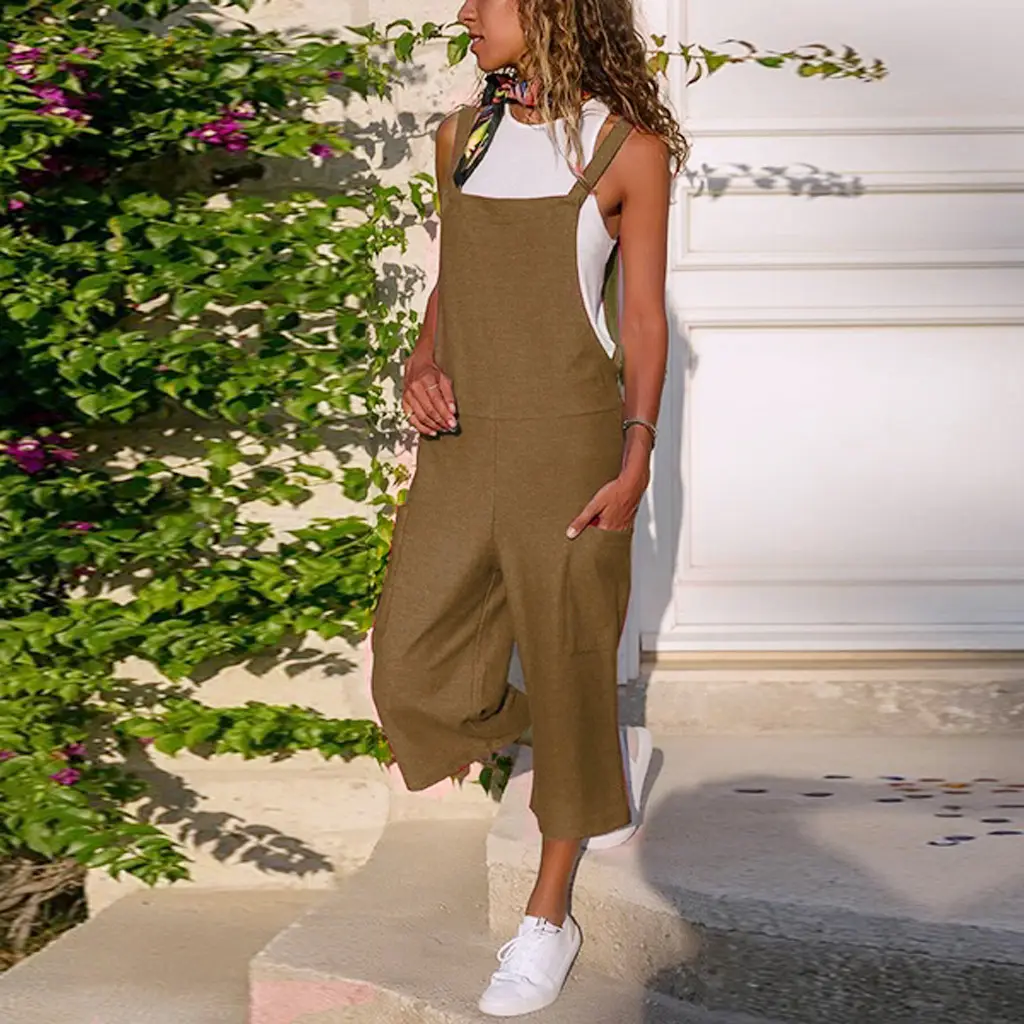 Women Cotton Linen Wide Leg Jumpsuit Suspenders Overalls Set - Image 8