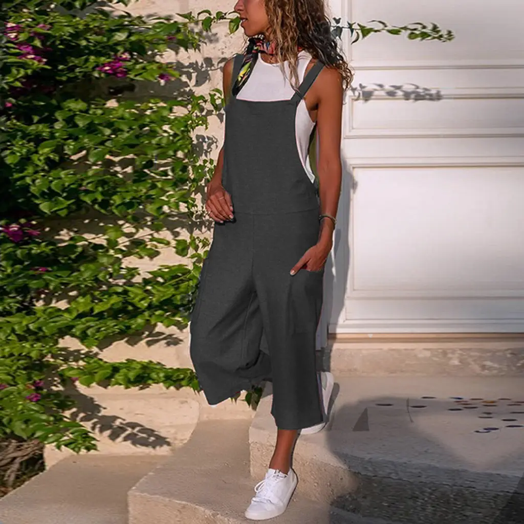 Women Cotton Linen Wide Leg Jumpsuit Suspenders Overalls Set - Image 9