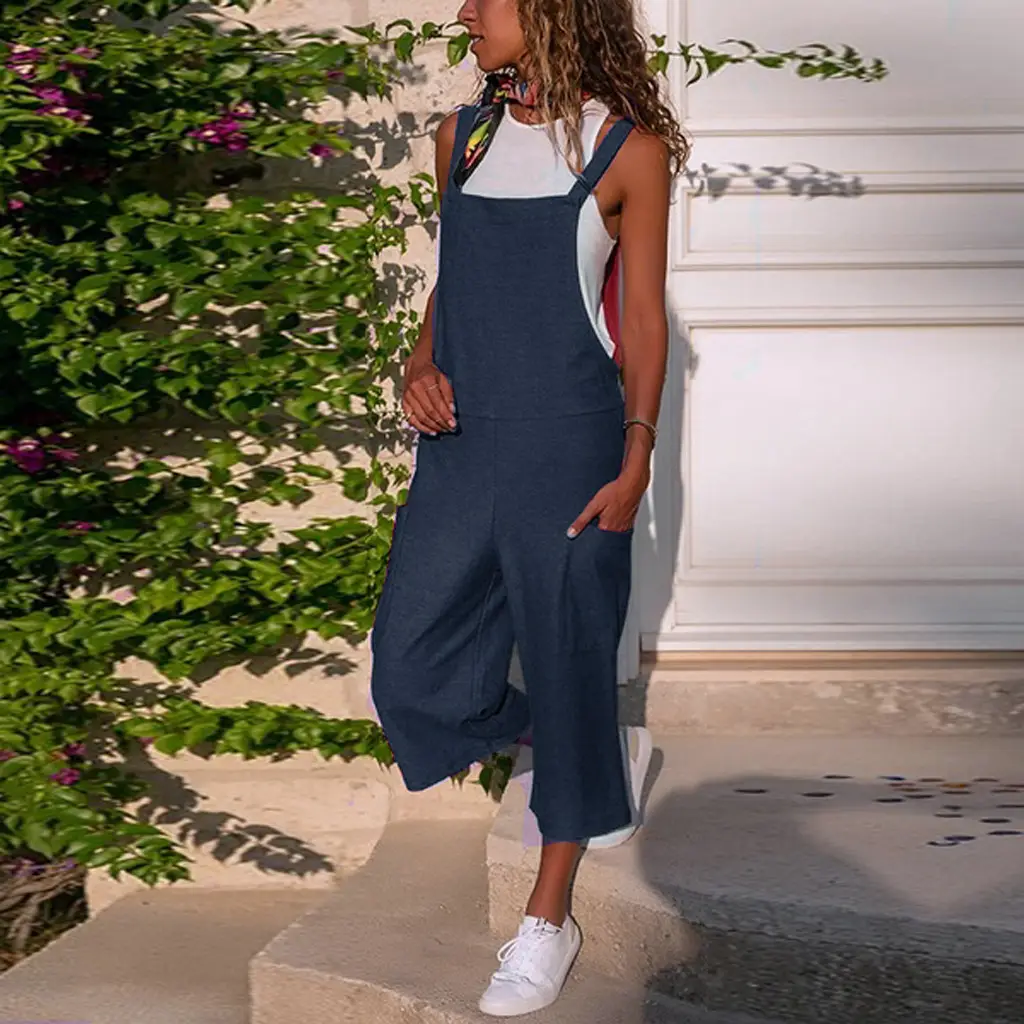 Women Cotton Linen Wide Leg Jumpsuit Suspenders Overalls Set - Image 10