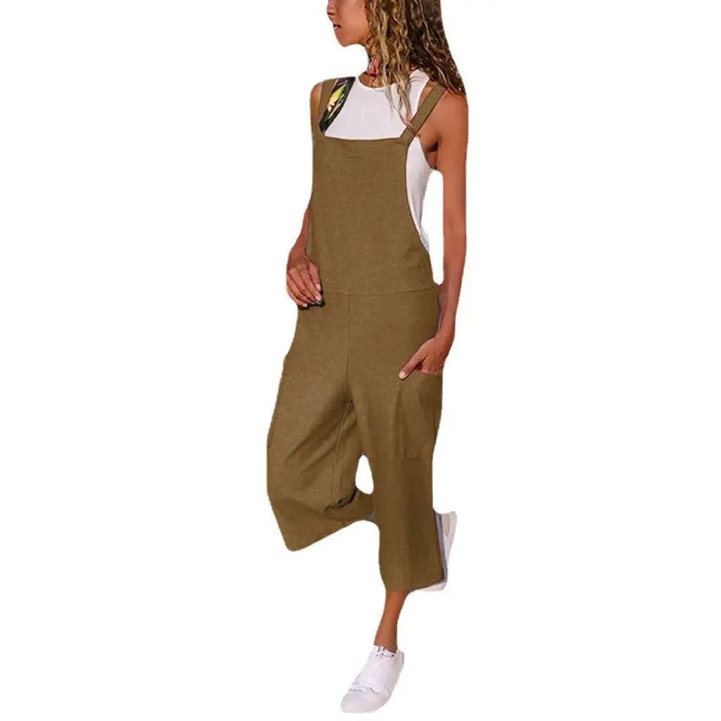Women Cotton Linen Wide Leg Jumpsuit Suspenders Overalls Set - Image 11