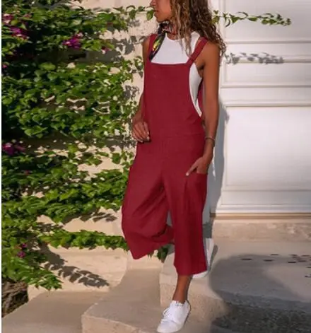 Women Cotton Linen Wide Leg Jumpsuit Suspenders Overalls Set - Image 4