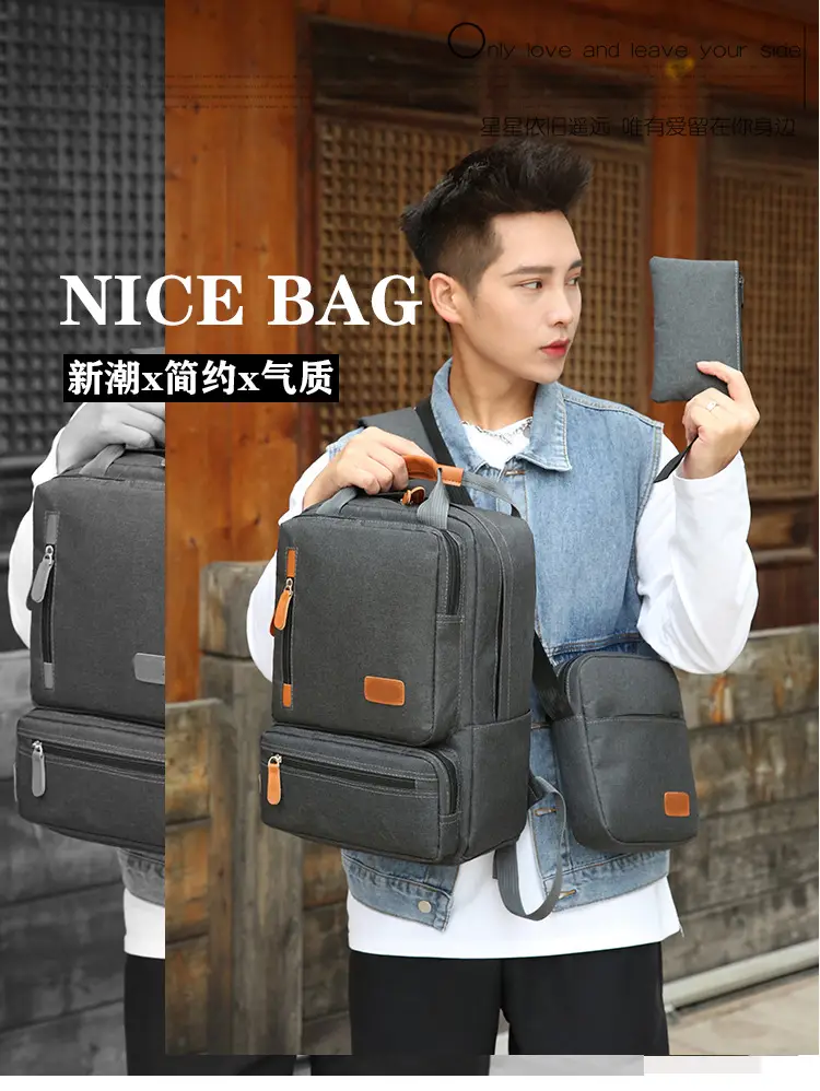 Three-Piece Men's Blue Canvas Backpack Set with Laptop Compartment - Image 2