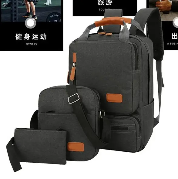 Three-Piece Men's Blue Canvas Backpack Set with Laptop Compartment - Image 4