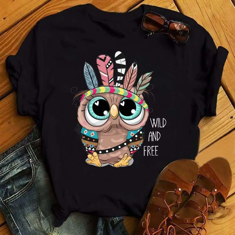 Women's Cute Owl Print T-Shirt White Short Sleeve
