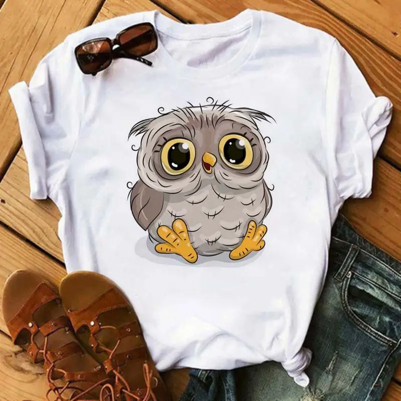 Women's Cute Owl Print T-Shirt White Short Sleeve